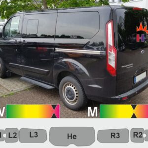 FORD Tourneo Custom 13 ab 2018, Heckklappe, geteilte Ausstellfenster in den Schiebetüren, ohne Antennenanschlüsse passgenaue Tönungsfolie