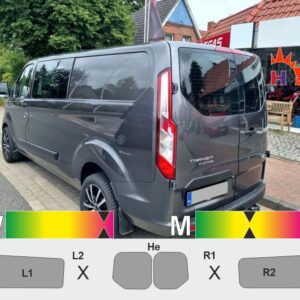 FORD Transit Custom (bis 2023) Kastenwagen, zwei Seitenfenster, Heckflügeltüren ohne Scheibenwischer passende Tönungsfolie