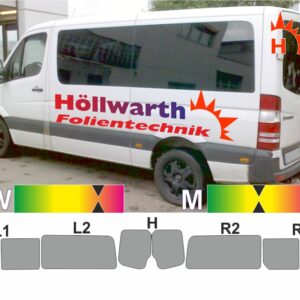 MERCEDES Sprinter II Lang, Heckflüheltür und 6 seitliche Scheiben passende Tönungsfolie bis 2018