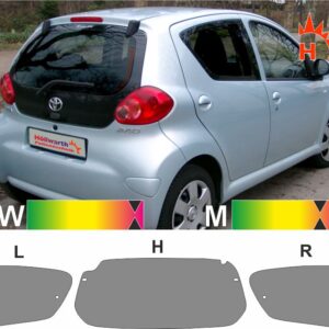 TOYOTA Aygo fünftürig bis 2014 mit 2 Stromanschlüssen an der Heckscheibe passende Tönungsfolie